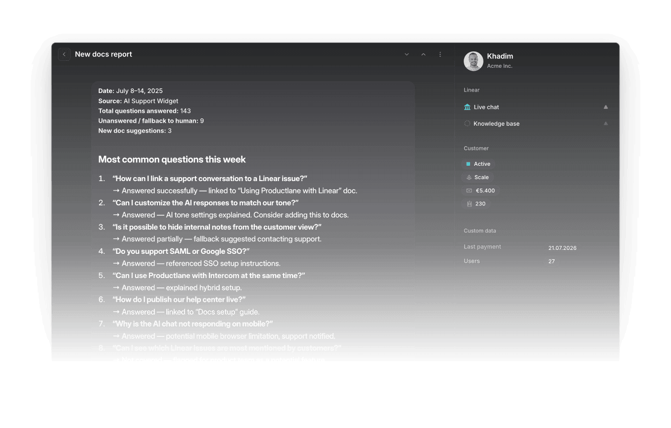 Weekly AI agent report showing common questions and insights