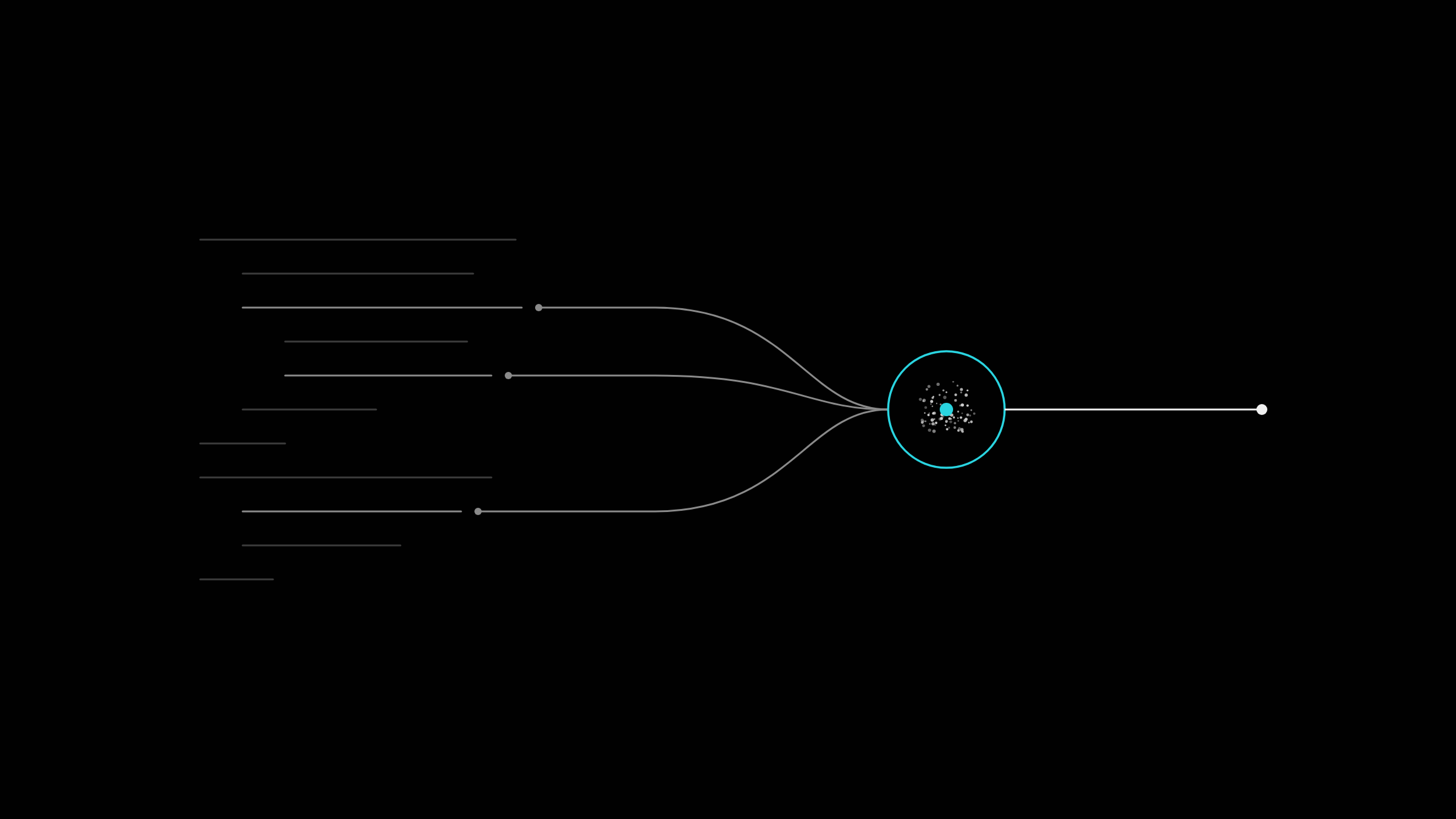 Lines of code feeding into a single teal ring that sends out one answer
