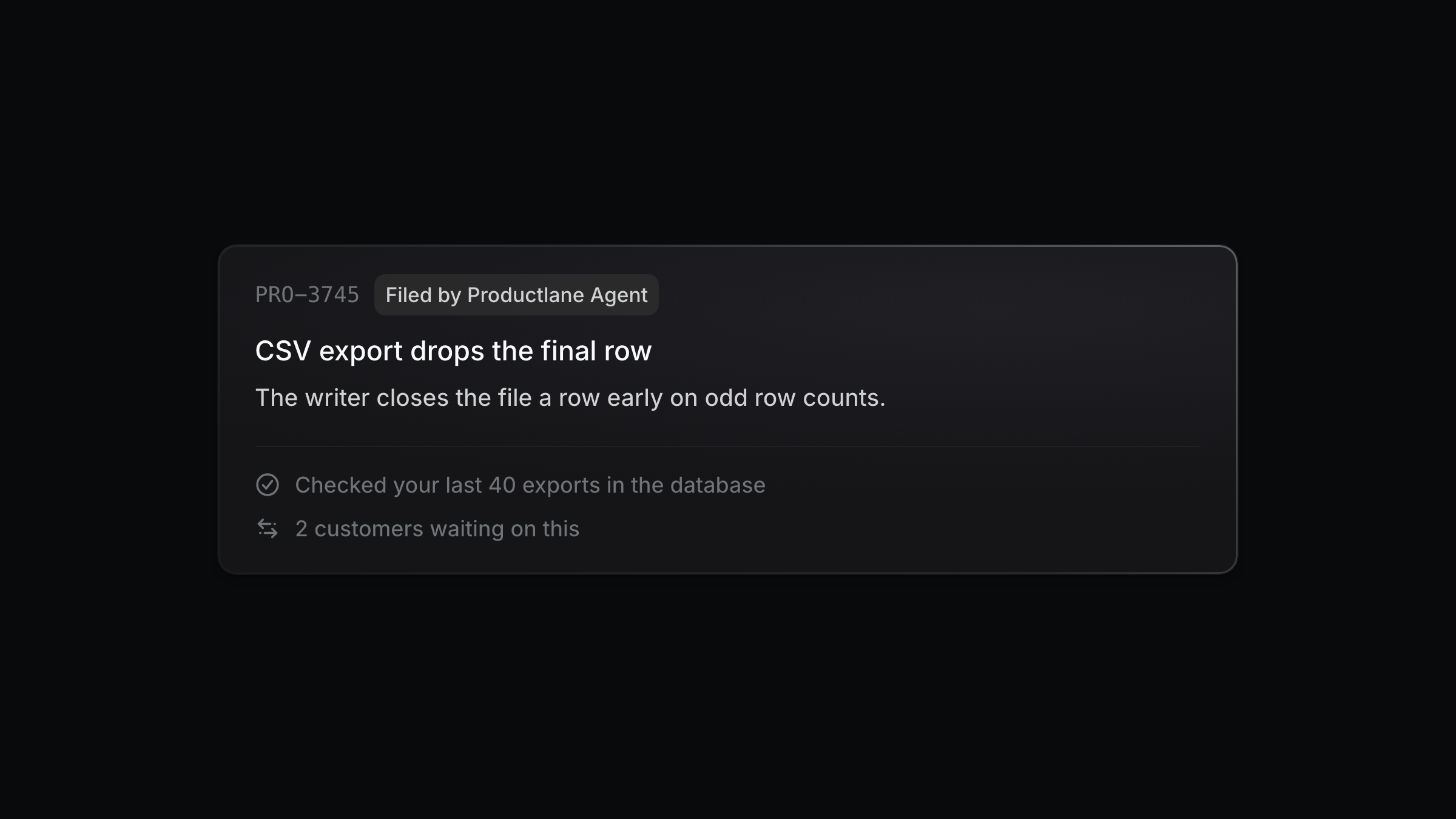 A Linear issue filed by the Productlane Agent, with the evidence it checked and the customers waiting on it
